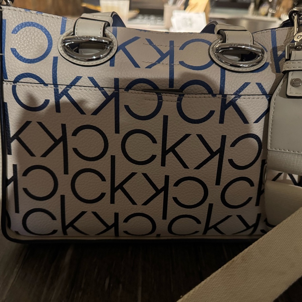 Calvin Klein White Satchel with Light Blue & Navy Logo Pattern